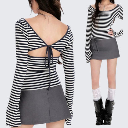 Spring - Autumn Navy Stripe Fitted Cropped Long - Sleeve T-Shirt - tutufox - 