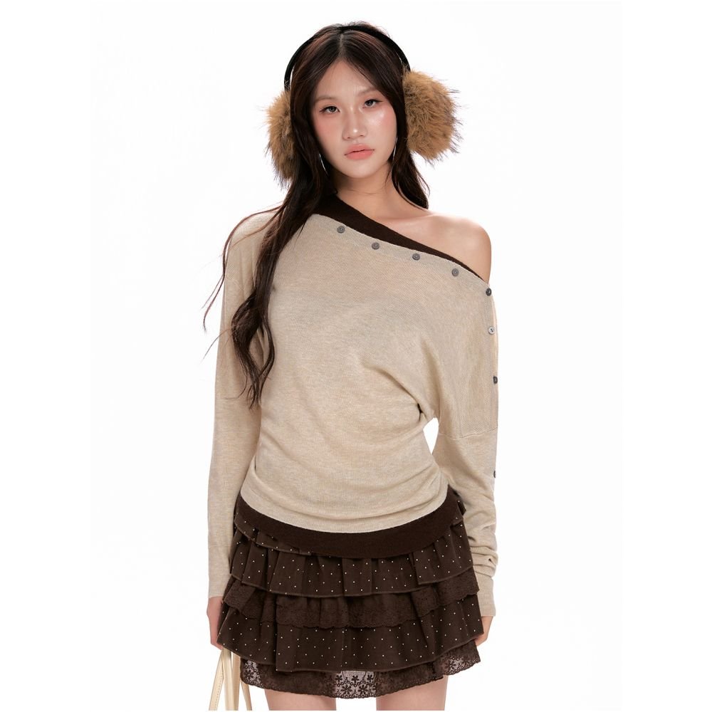 Spring & Autumn Oatmeal Off-Shoulder Long-Sleeve Sweater