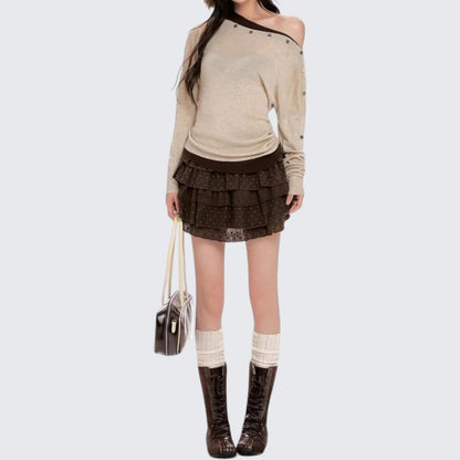 Spring & Autumn Oatmeal Off - Shoulder Long - Sleeve Sweater - tutufox - 