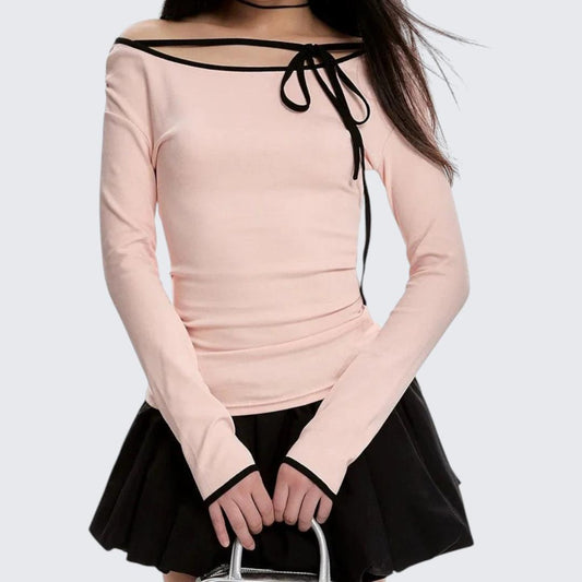 Spring - Autumn Pastel Pink Off - The - Shoulder Long - Sleeve E - Girl T-Shirt With Slim Fit & Cropped Length - tutufox - 