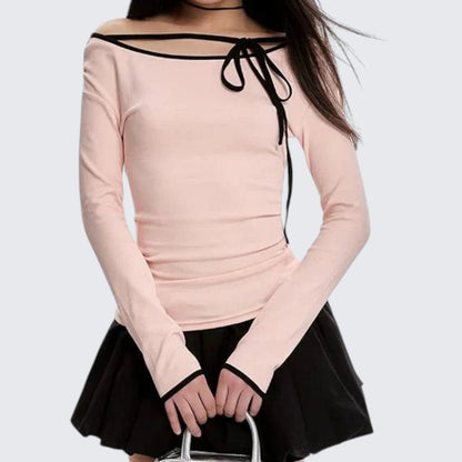 Spring-Autumn Pastel Pink Off-The-Shoulder Long-Sleeve E-Girl T-Shirt With Slim Fit & Cropped Length
