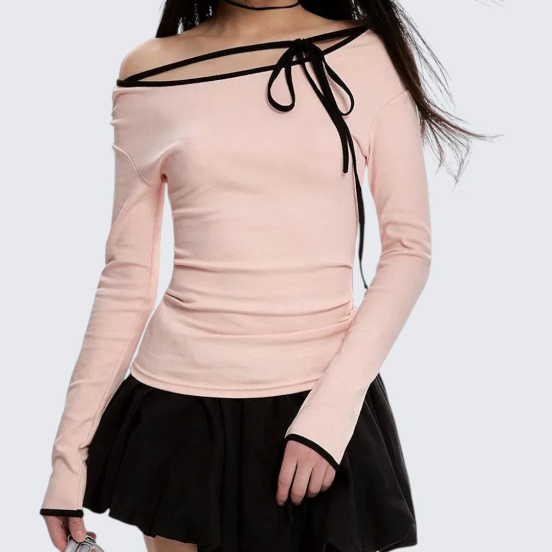 Spring - Autumn Pastel Pink Off - The - Shoulder Long - Sleeve E - Girl T-Shirt With Slim Fit & Cropped Length - tutufox - 