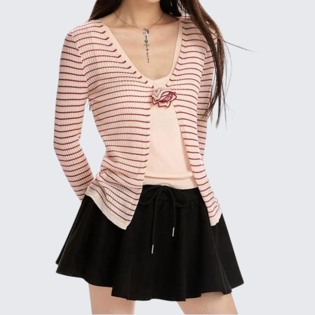 Spring & Autumn Pink Striped Two - Piece Long - Sleeve Sweater - tutufox - 