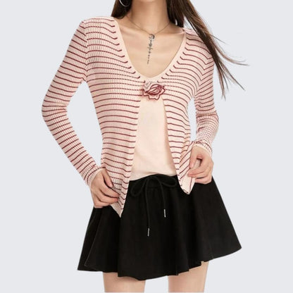 Spring & Autumn Pink Striped Two - Piece Long - Sleeve Sweater - tutufox - 