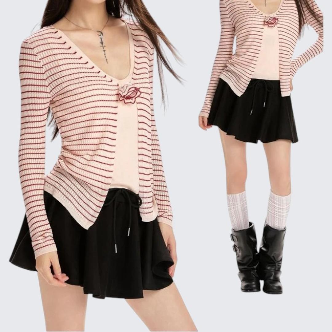Spring & Autumn Pink Striped Two - Piece Long - Sleeve Sweater - tutufox - 