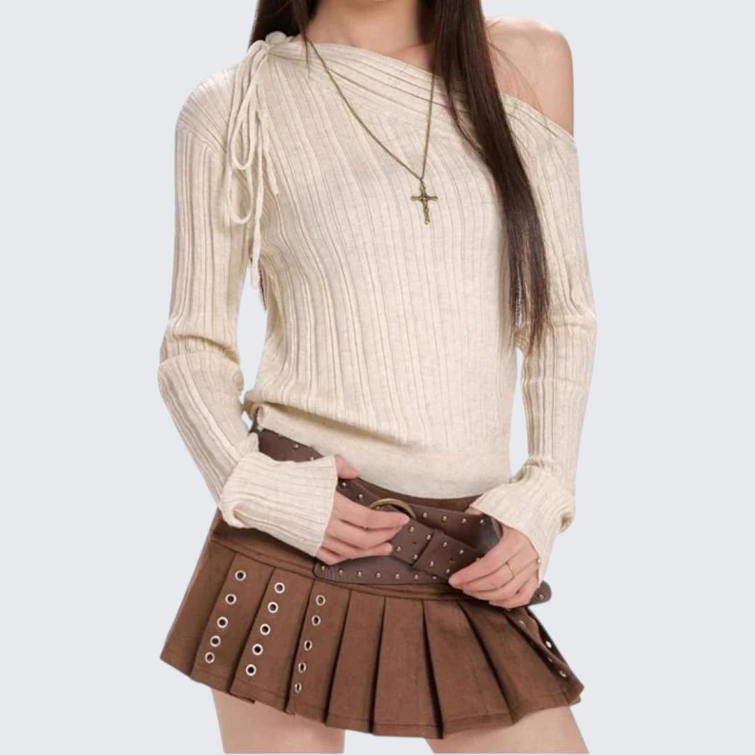 Spring & Autumn Red Diagonal-Collar Long-Sleeve Knitted Sweater