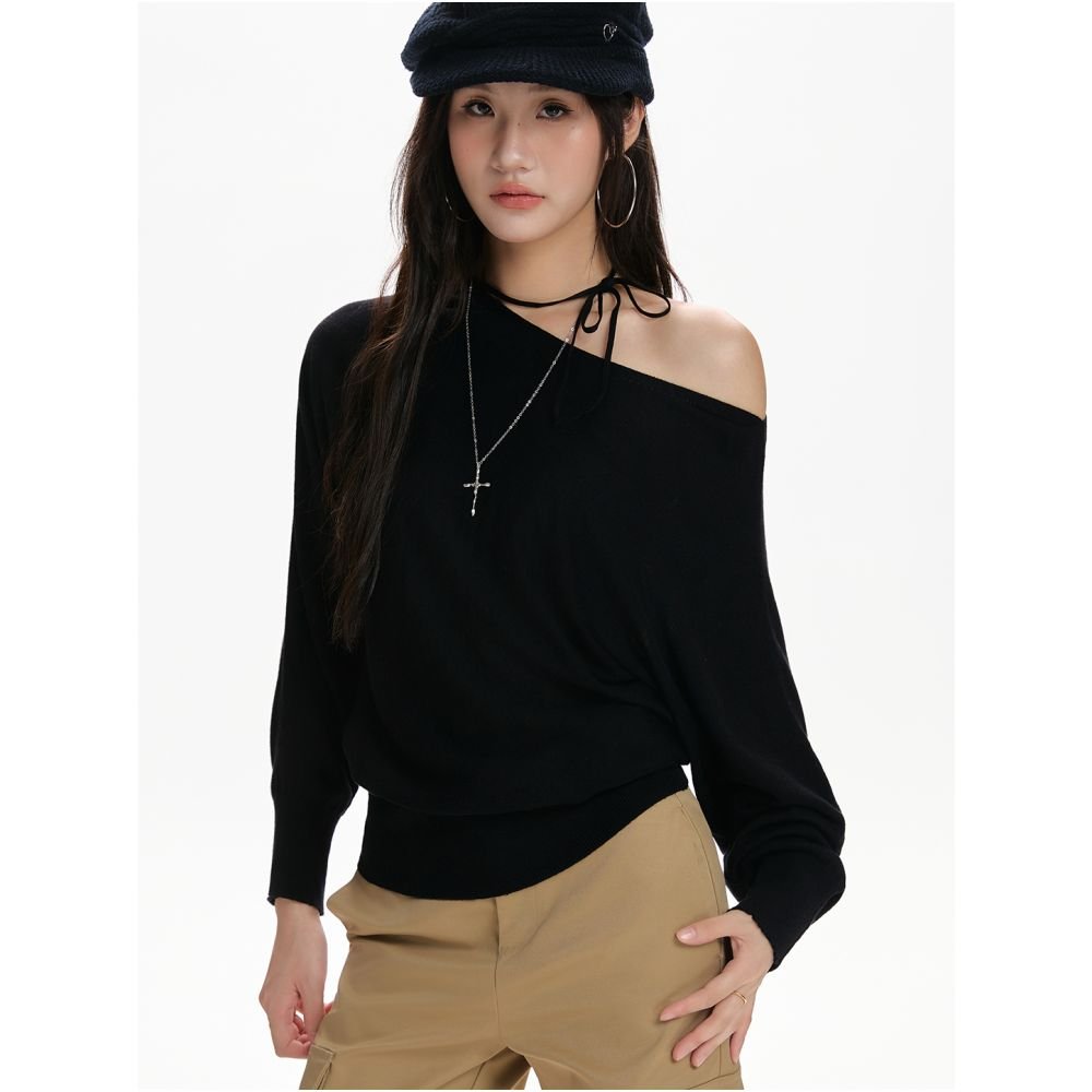 Spring & Autumn Red Oblique-Shoulder Long-Sleeve Sweater