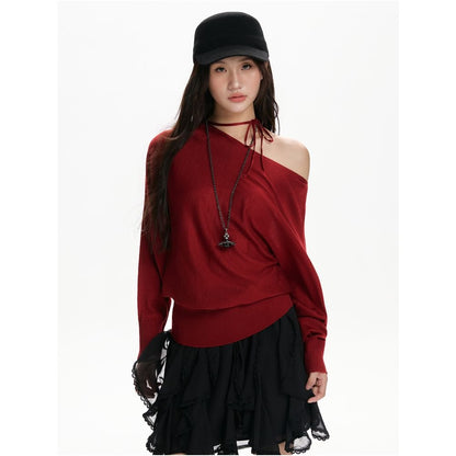 Spring & Autumn Red Oblique-Shoulder Long-Sleeve Sweater