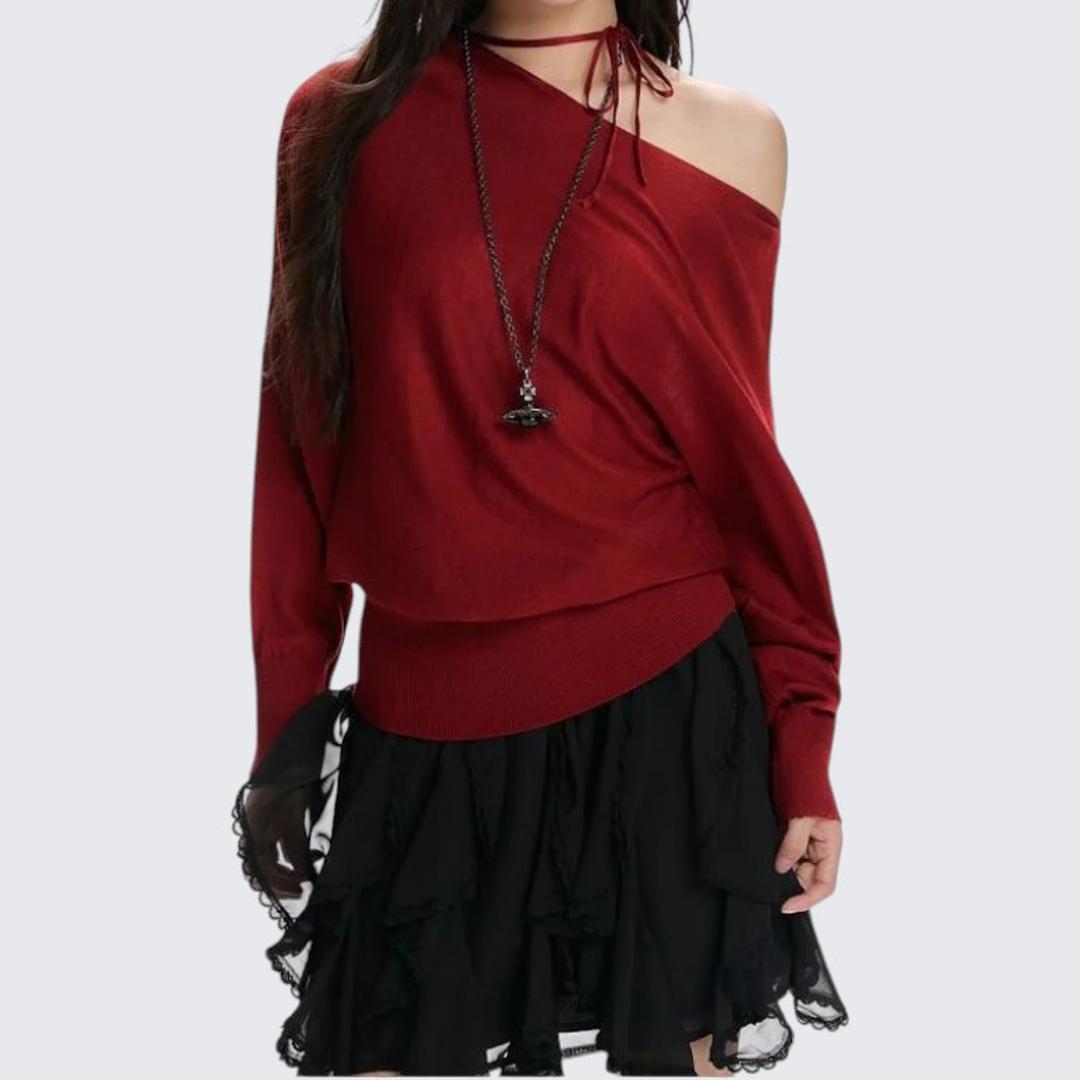 Spring & Autumn Red Oblique - Shoulder Long - Sleeve Sweater - tutufox - 