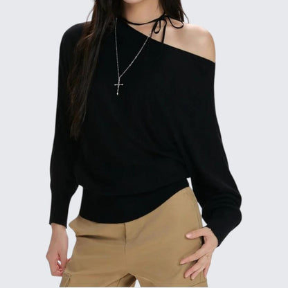 Spring & Autumn Red Oblique - Shoulder Long - Sleeve Sweater - tutufox - 