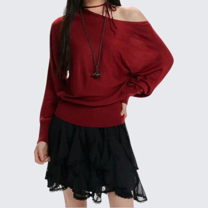 Spring & Autumn Red Oblique - Shoulder Long - Sleeve Sweater - tutufox - 