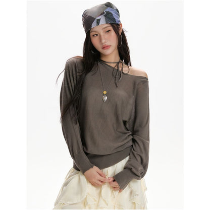 Spring & Autumn Red Oblique-Shoulder Long-Sleeve Sweater