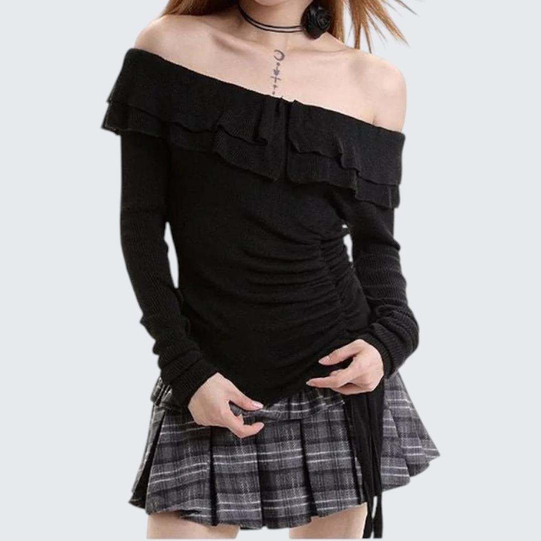 Spring & Autumn Ruffled One - Shoulder Long - Sleeve Sweater - tutufox - 