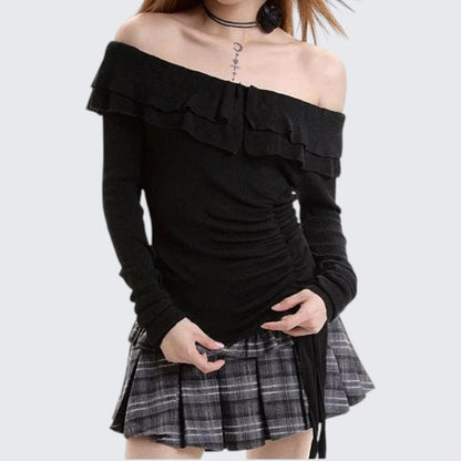 Spring & Autumn Ruffled One - Shoulder Long - Sleeve Sweater - tutufox - 
