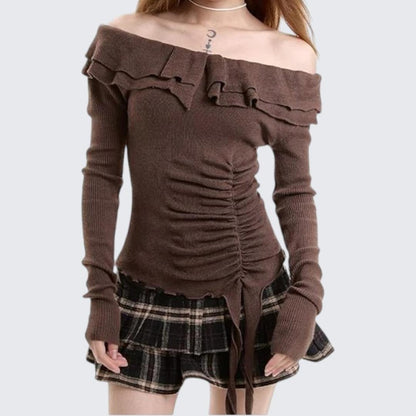 Spring & Autumn Ruffled One - Shoulder Long - Sleeve Sweater - tutufox - 