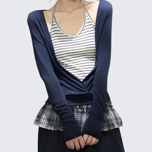 Spring - Autumn Two - In - One Halter Neck Horizontal - Stripe Knit Top With Sweet - Spicy Vibe & Slimming Fit - tutufox -