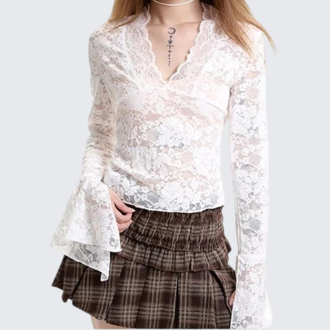 Spring & Autumn White V-Neck Lace Long-Sleeve Shirt