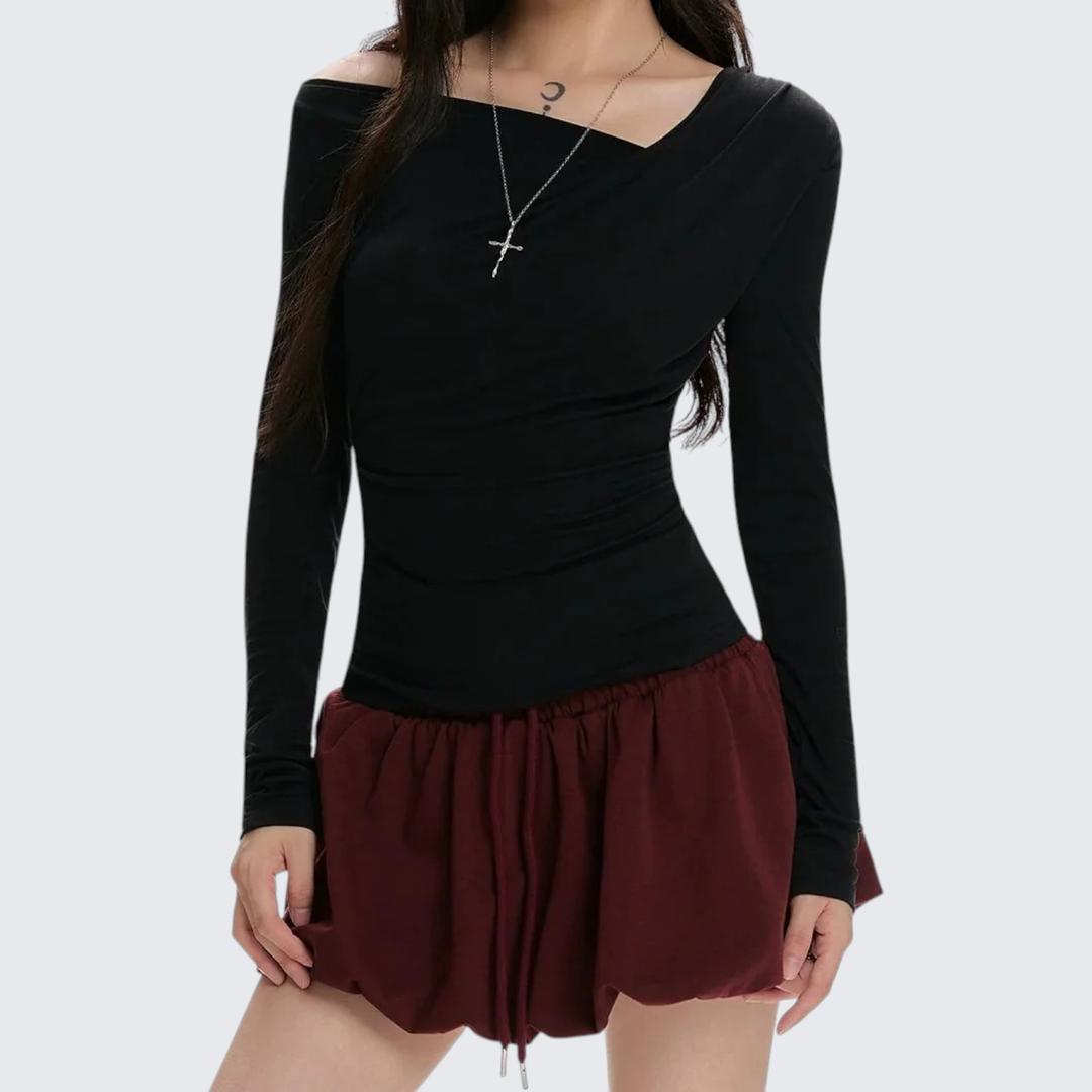 Spring - Summer Cowl - Neck Ruched Long - Sleeve T-Shirt With Slim Fit & Versatile Design - tutufox - 