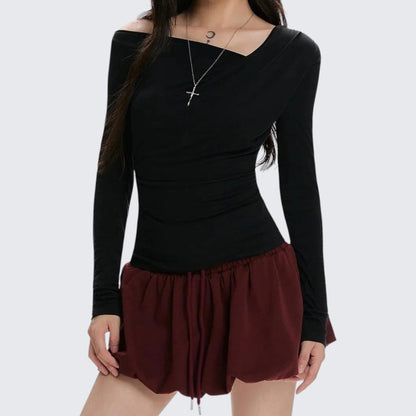 Spring - Summer Cowl - Neck Ruched Long - Sleeve T-Shirt With Slim Fit & Versatile Design - tutufox - 