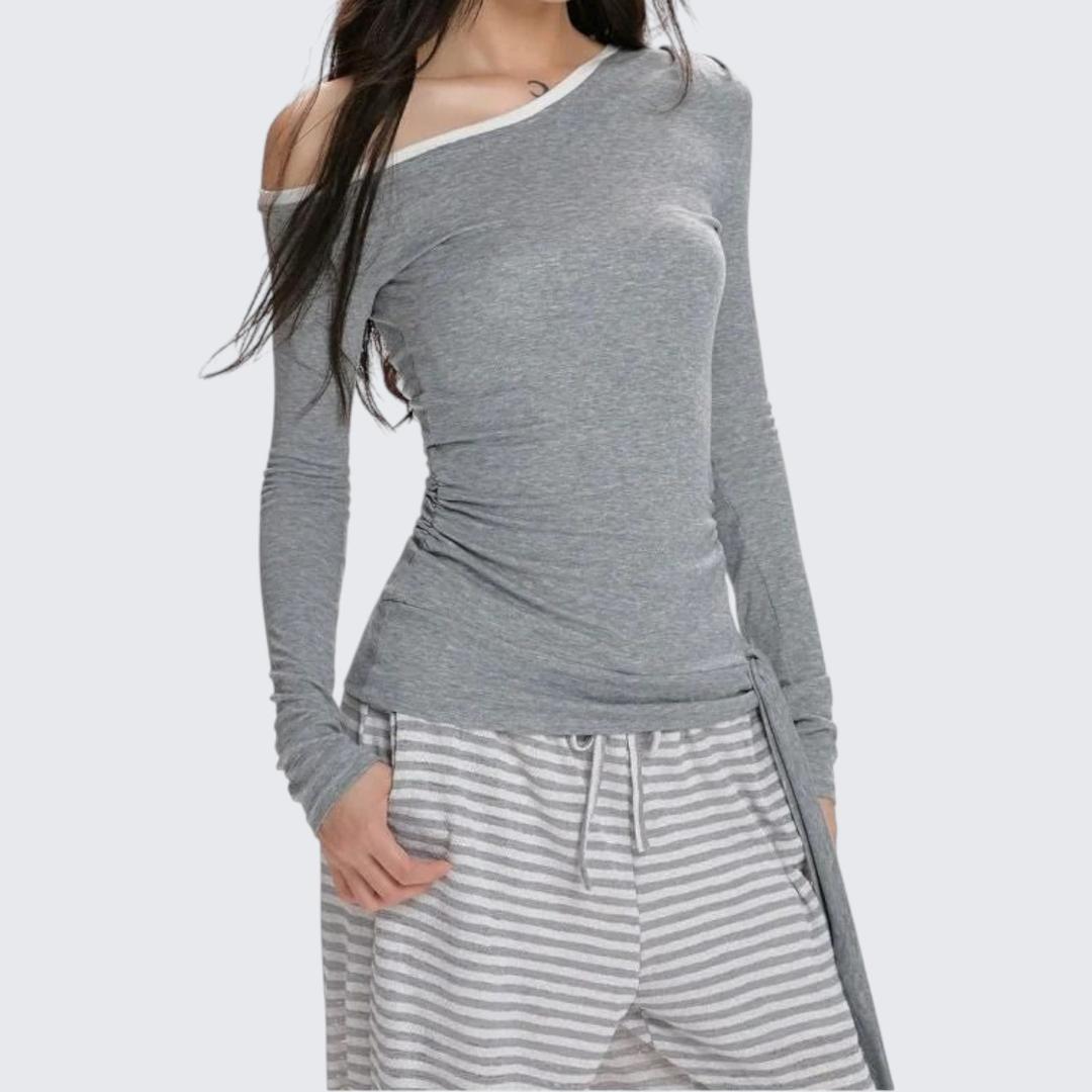 Spring & Summer Slanted-Shoulder Long-Sleeve T-Shirt With Ribbon