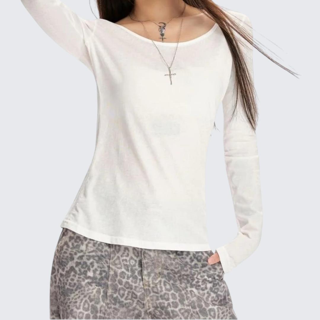 Spring & Summer White Round-Neck Long-Sleeve T-Shirt