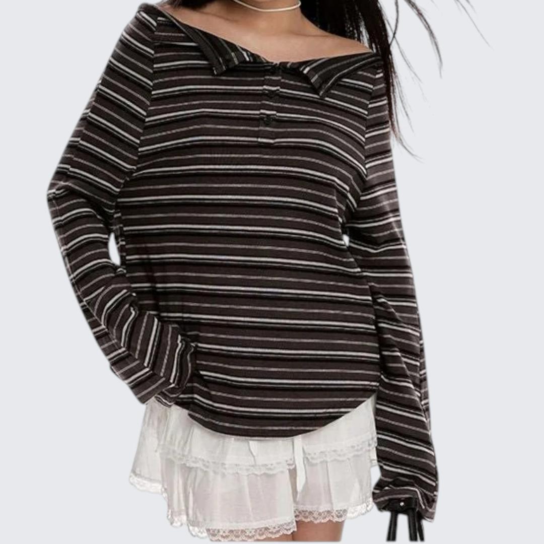 Striped One-Collar Long-Sleeve Hoodie T-Shirt For Women - Spring & Autumn
