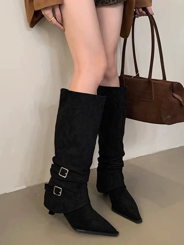Suede Pointed Toe Slouchy Womens Boots Fall Winter New Removable Two Way Thin Heel Knee High High Heel Ankle Boots - tutufox - shoes