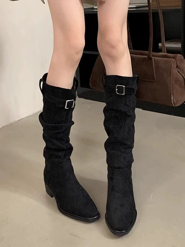 Suede Square Toe Slouchy Womens Boots Fall Winter New Buckle Chunky Heel Knee High Slimming Biker Boots - tutufox - shoes
