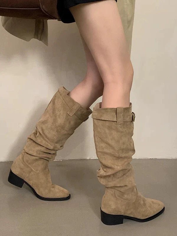 Suede Square Toe Slouchy Womens Boots Fall Winter New Buckle Chunky Heel Knee High Slimming Biker Boots - tutufox - shoes