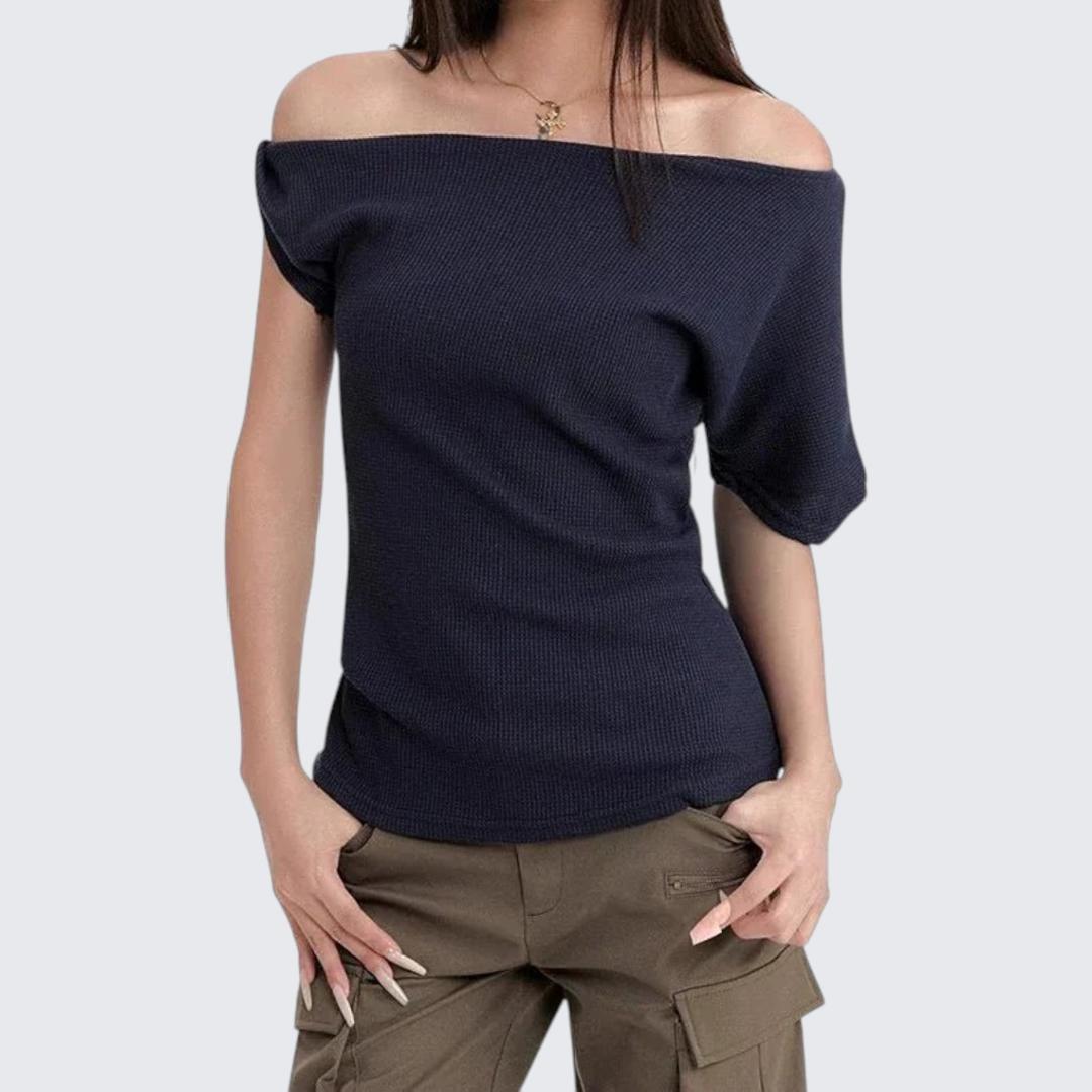 Summer Asymmetrical Slant - Neck Sleeve - Less E - Girl T-Shirt With Oversized Fit & Shoulder - Baring Design - tutufox - 