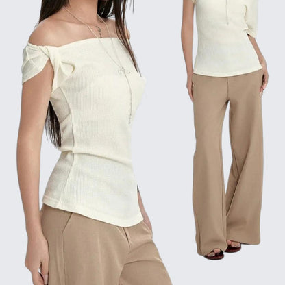 Summer Asymmetrical Slant - Neck Sleeve - Less E - Girl T-Shirt With Oversized Fit & Shoulder - Baring Design - tutufox - 