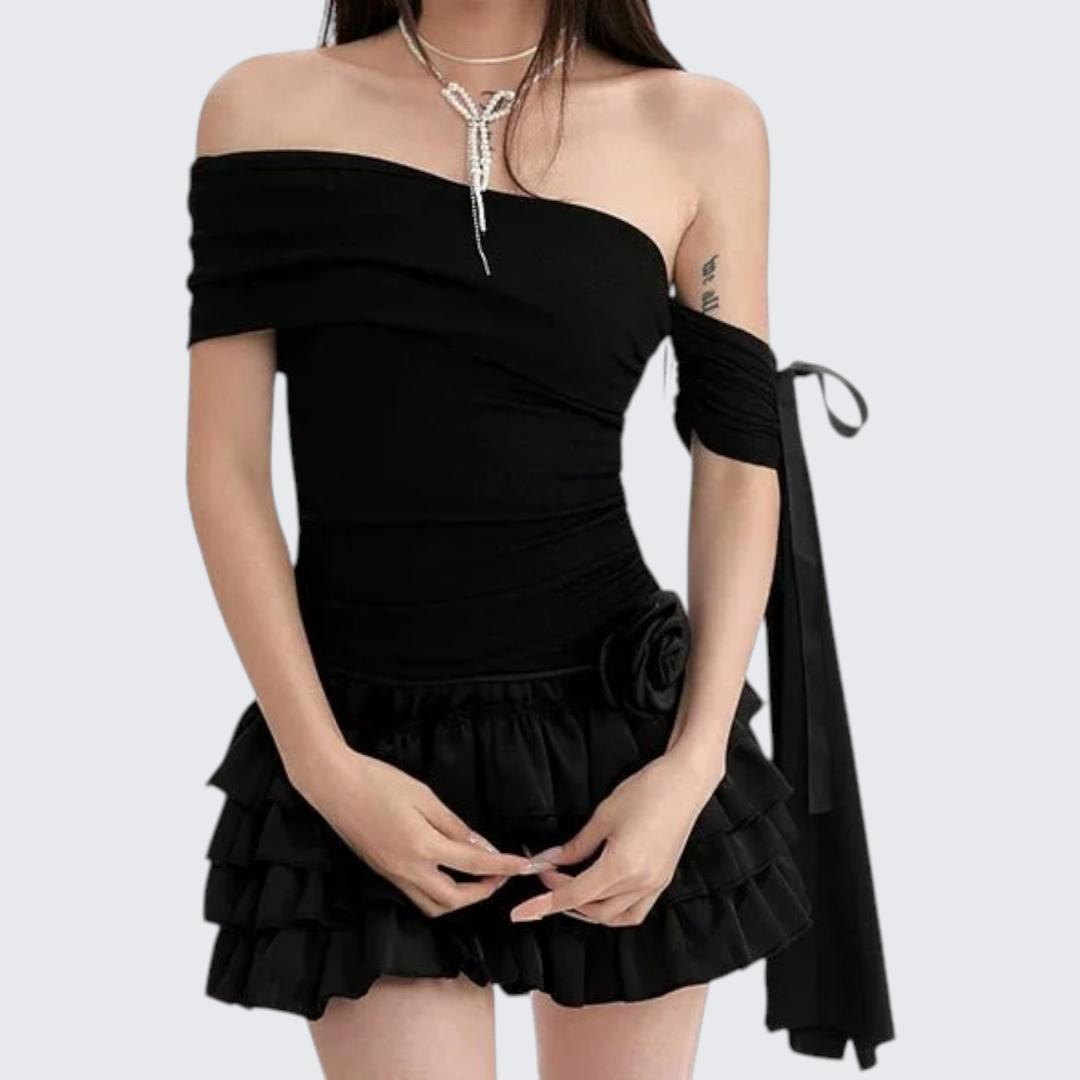 Summer Black Off - The - Shoulder Short - Sleeve E - Girl T-Shirt With Ribbon Details & Waist - Cinching Fit - tutufox - 