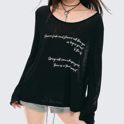 Summer Black Oversized Letter - Print Long - Sleeve T-Shirt With Lightweight Sun - Protect Fabric - tutufox - 