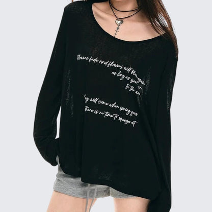 Summer Black Oversized Letter-Print Long-Sleeve T-Shirt With Lightweight Sun-Protect Fabric