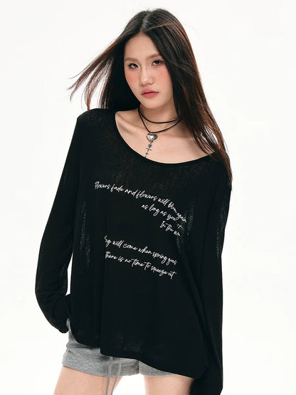 Summer Black Oversized Letter - Print Long - Sleeve T-Shirt With Lightweight Sun - Protect Fabric - tutufox - 