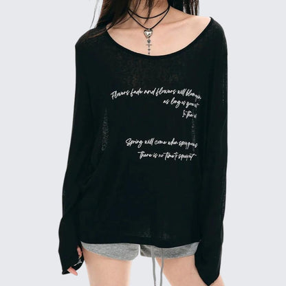 Summer Black Oversized Letter - Print Long - Sleeve T-Shirt With Lightweight Sun - Protect Fabric - tutufox - 