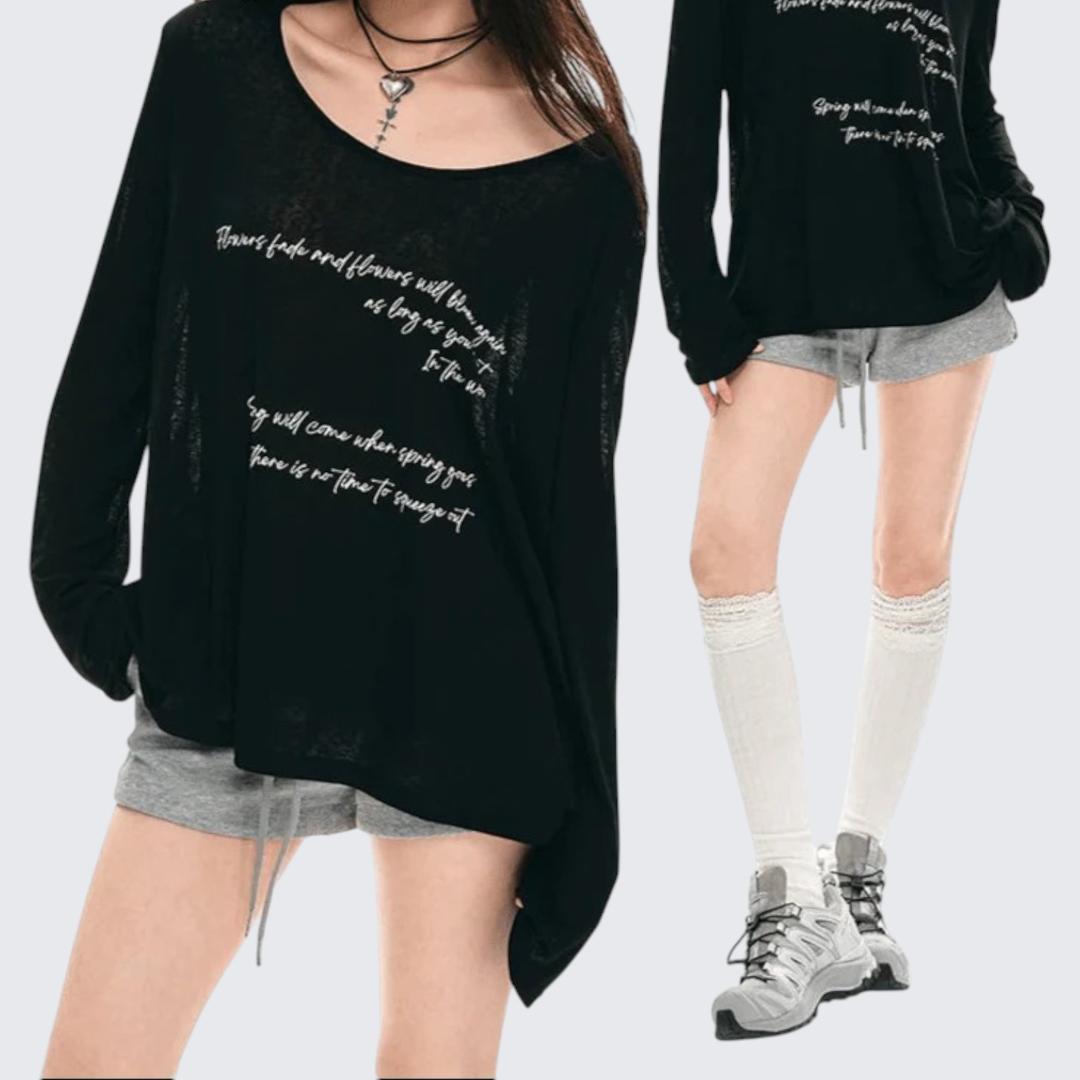 Summer Black Oversized Letter - Print Long - Sleeve T-Shirt With Lightweight Sun - Protect Fabric - tutufox - 