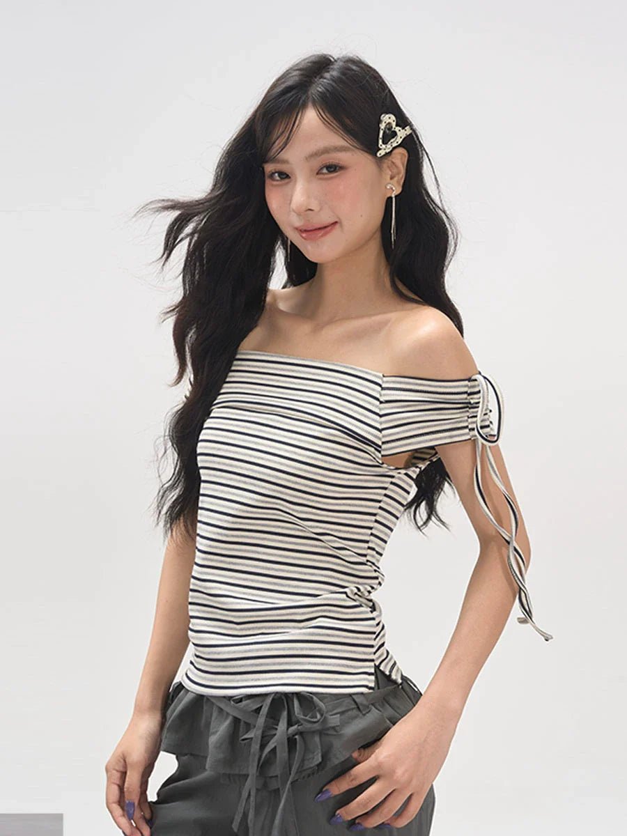 Summer Designer Off - The - Shoulder Stripe E - Girl T-Shirt - tutufox - 