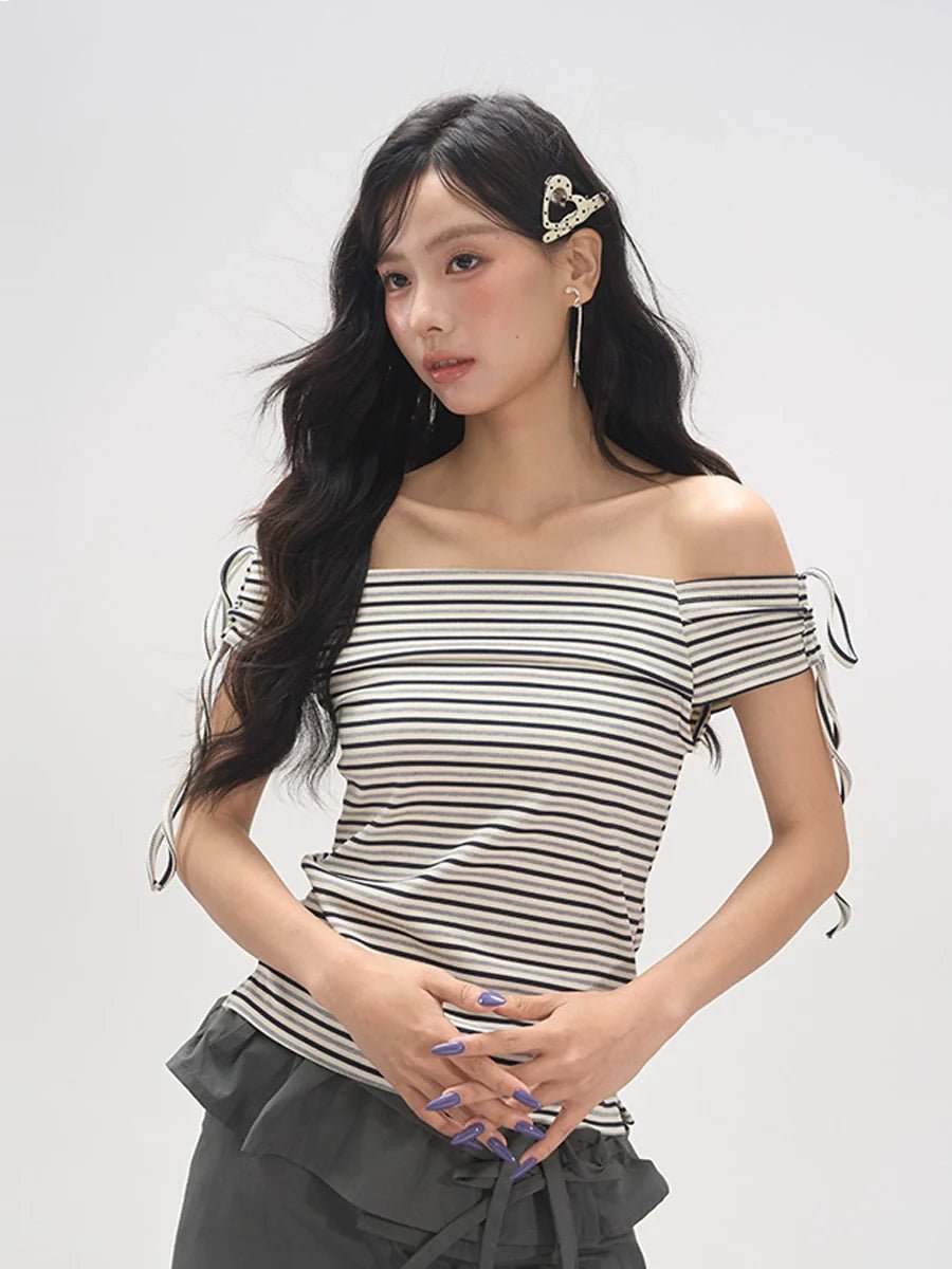 Summer Designer Off - The - Shoulder Stripe E - Girl T-Shirt - tutufox - 