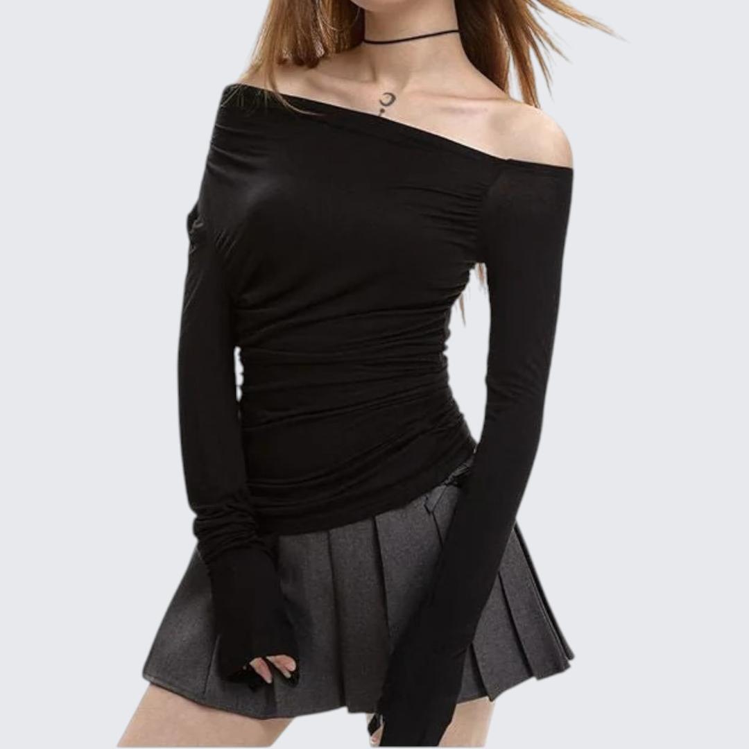 Summer Gray Off-Shoulder Long-Sleeve T-Shirt