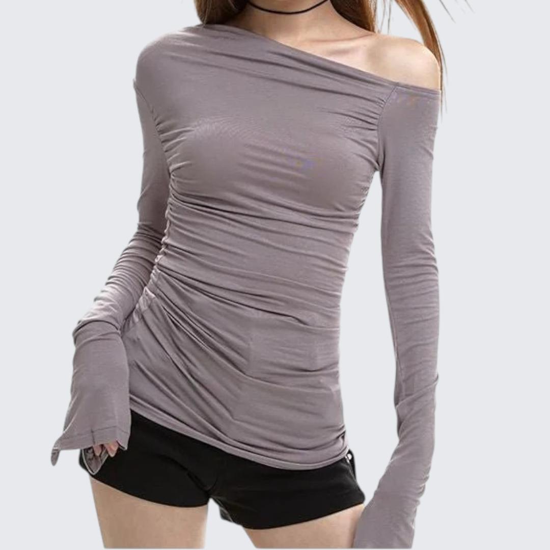 Summer Gray Off-Shoulder Long-Sleeve T-Shirt
