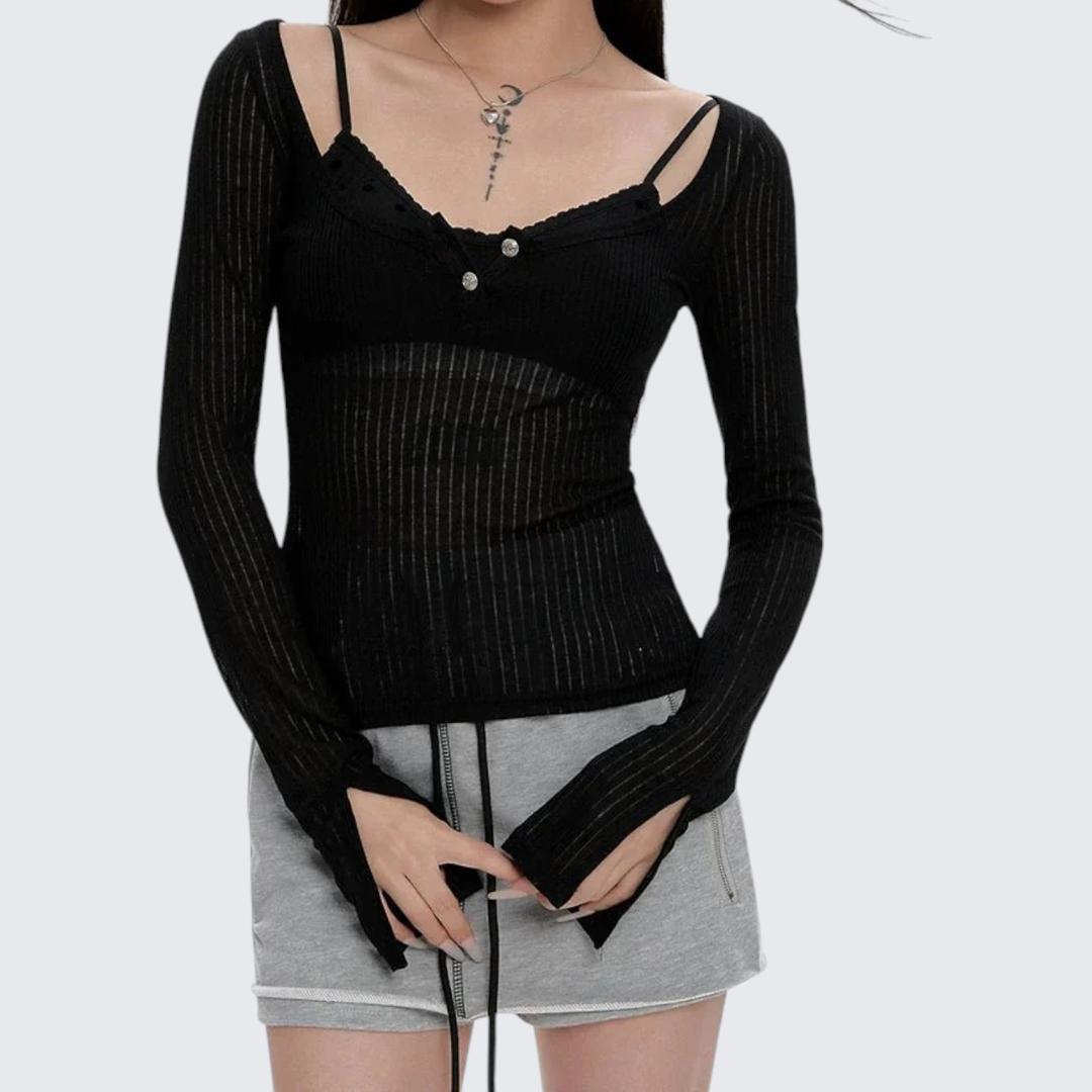 Summer Sheer Lightweight Layered - Look Long - Sleeve E - Girl T-Shirt With Slim Fit & Cropped Length - tutufox - 