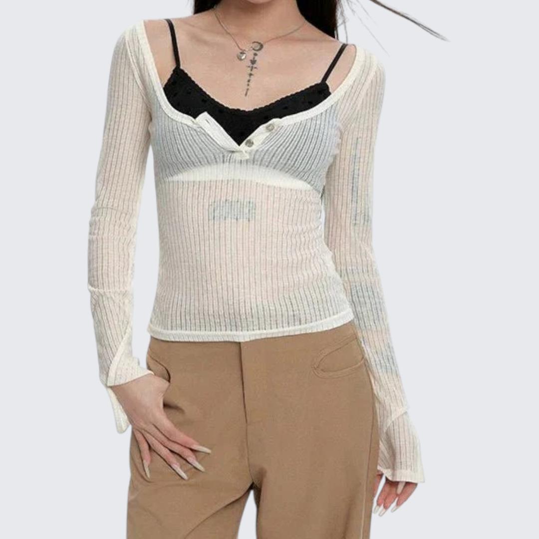 Summer Sheer Lightweight Layered - Look Long - Sleeve E - Girl T-Shirt With Slim Fit & Cropped Length - tutufox - 