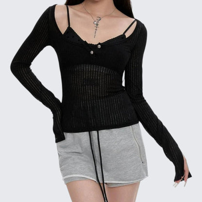 Summer Sheer Lightweight Layered - Look Long - Sleeve E - Girl T-Shirt With Slim Fit & Cropped Length - tutufox - 