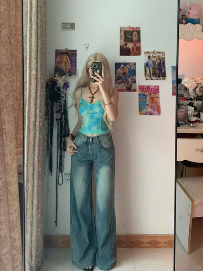 Teal Floral Cami Top and Light Blue Jeans Y2K Outfit - tutufox - 