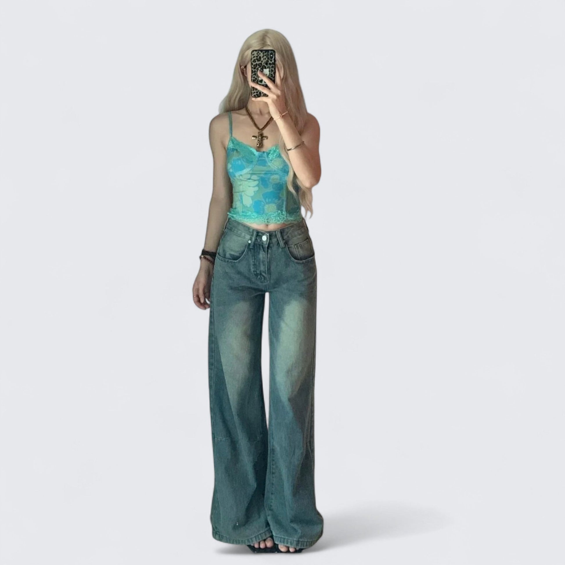 Teal Floral Cami Top and Light Blue Jeans Y2K Outfit - tutufox - 