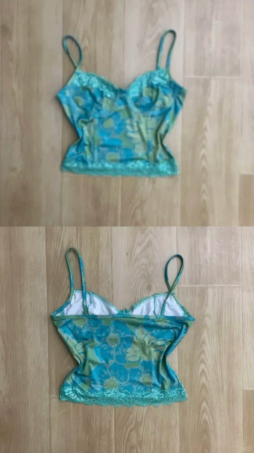 Teal Floral Cami Top and Light Blue Jeans Y2K Outfit - tutufox - 