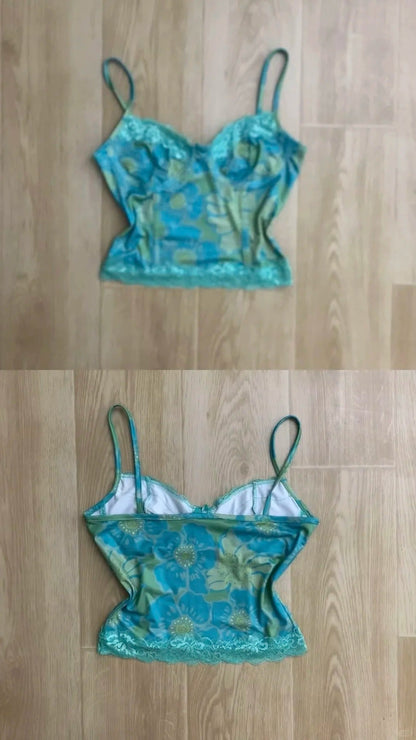 Teal Floral Cami Top and Light Blue Jeans Y2K Outfit - tutufox - 