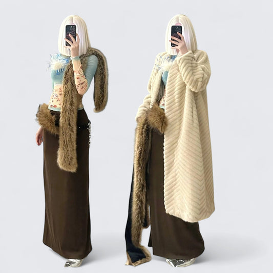 Teal Top with Brown Maxi Skirt and Cream Faux Fur Coat Y2K Three - Piece Set - tutufox - 