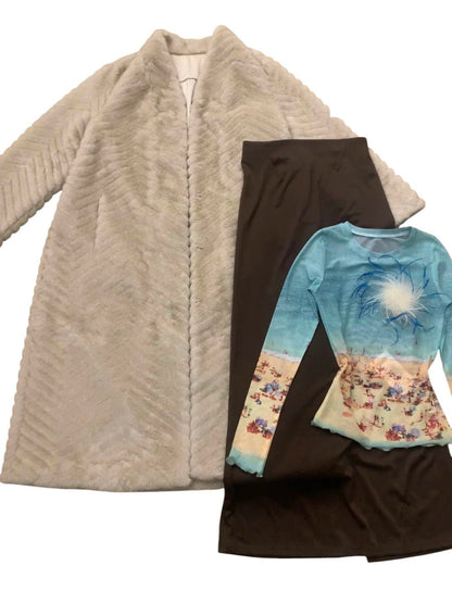 Teal Top with Brown Maxi Skirt and Cream Faux Fur Coat Y2K Three - Piece Set - tutufox - 